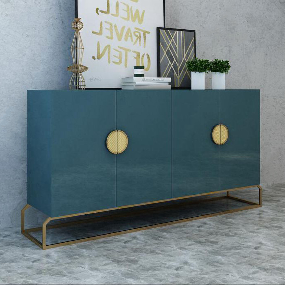 

Blue Sideboard Cabinet with Storage 4 Doors Cabinet Buffet Gold Accent