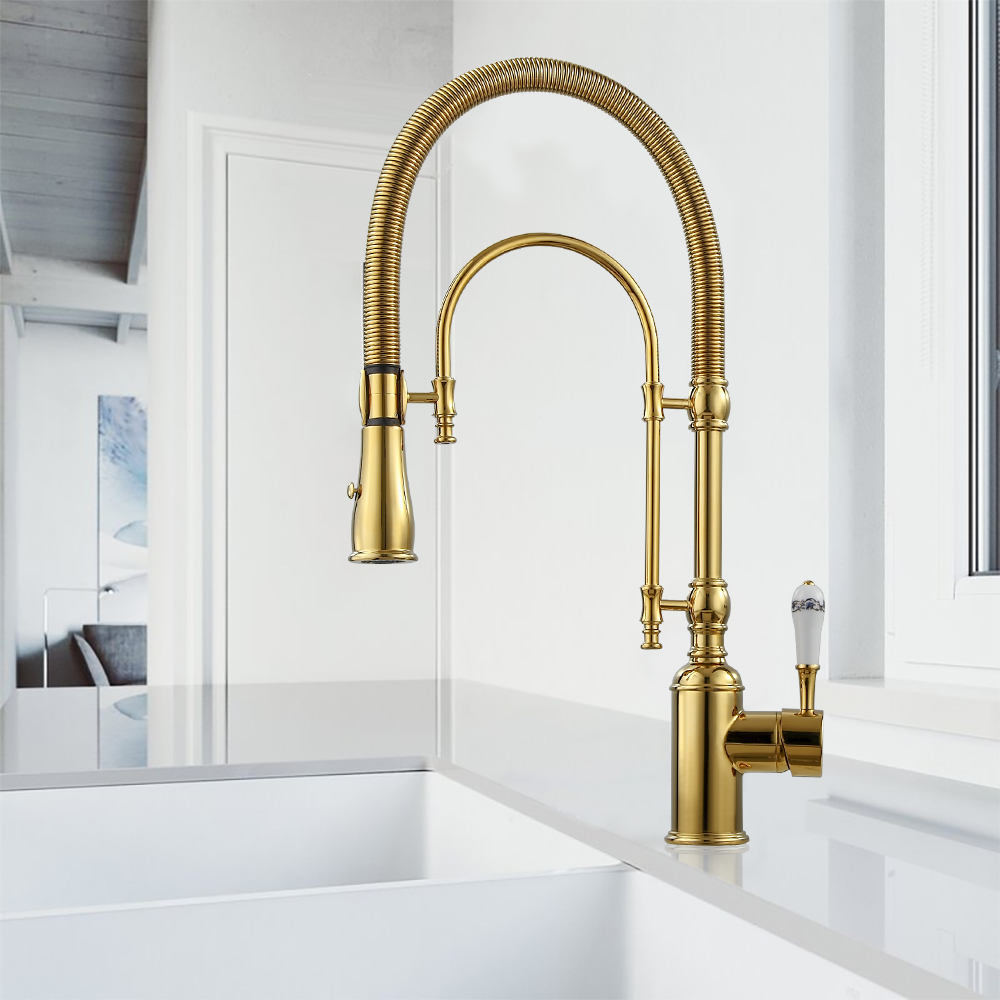 High Arc Dual-Mode Pull-Down Kitchen Faucet Solid Brass with Porcelain Handle