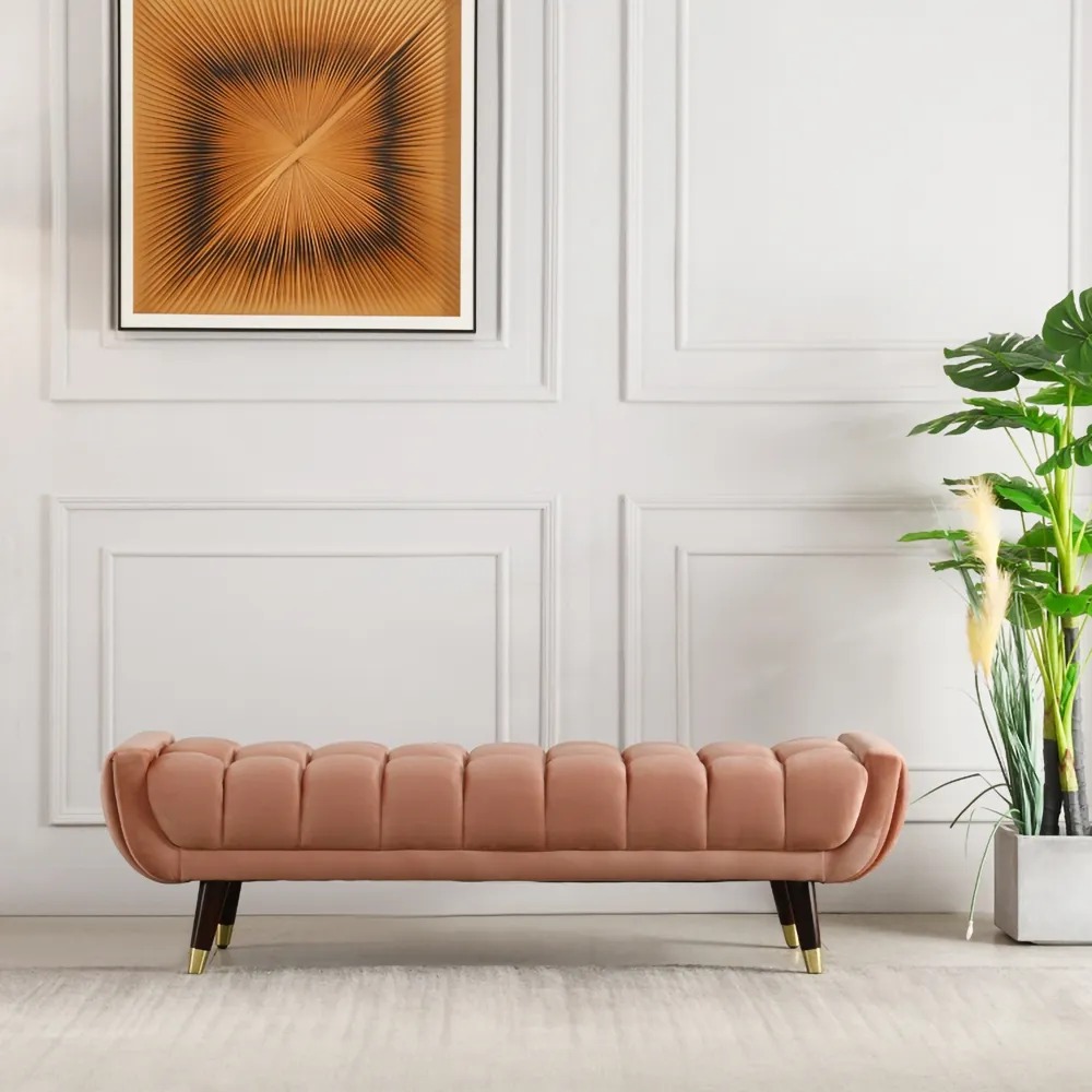 Modern Hallway Bench Pink Velvet Upholstered Ottoman Bench for End of Bed