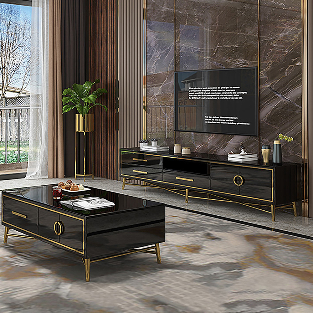 

Modern Black TV Stand Tempered Glass Top 3-Drawer 2-Door Media Console in Gold