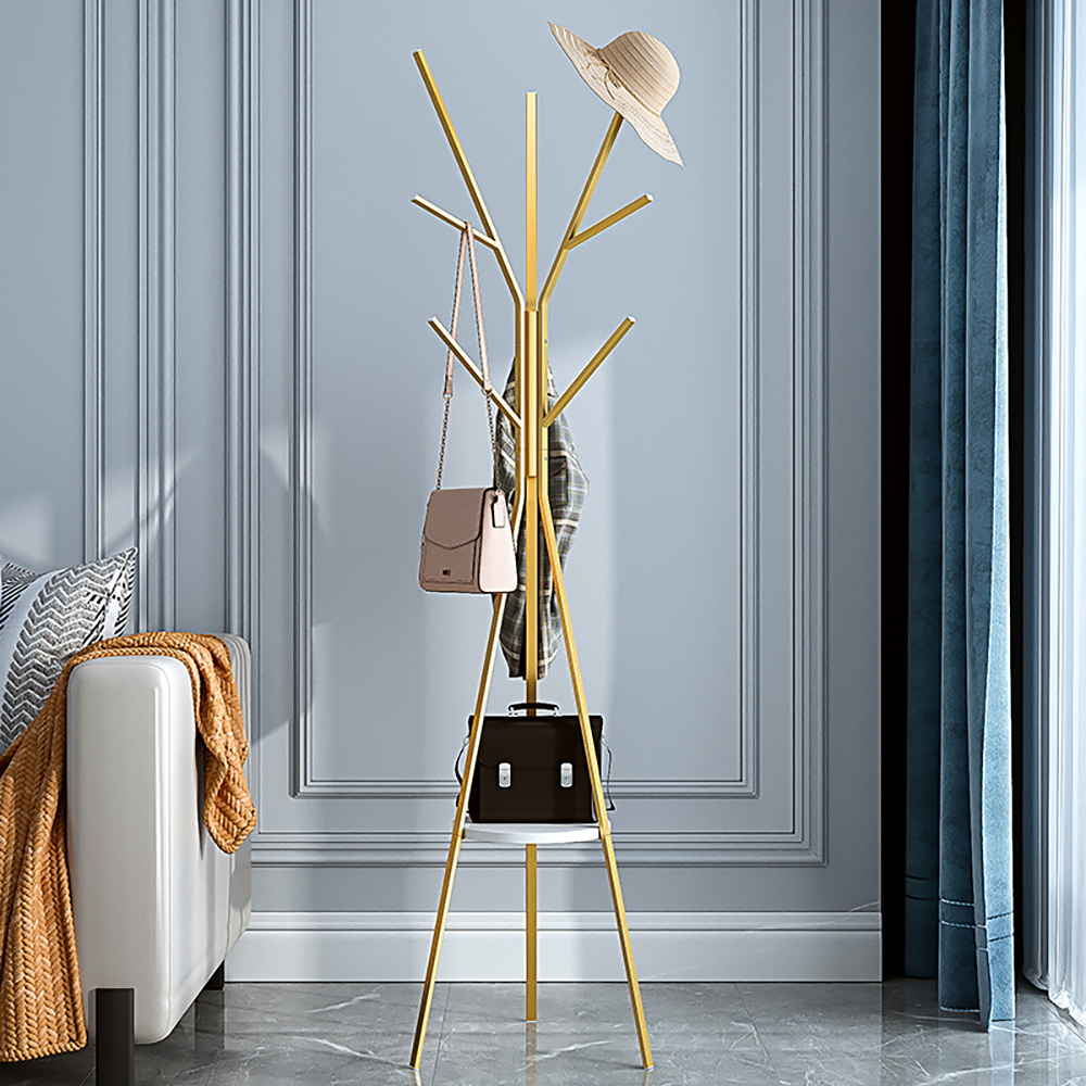 1800mm Gold Modern Freestanding Coat Stand Hanging with Shelf Marble Base