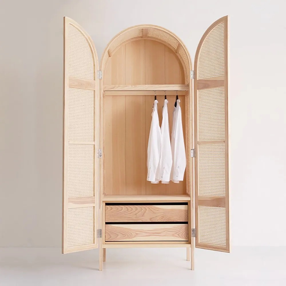 Woven Rattan Bedroom Wardrobe with 2 Doors and Drawers Storage