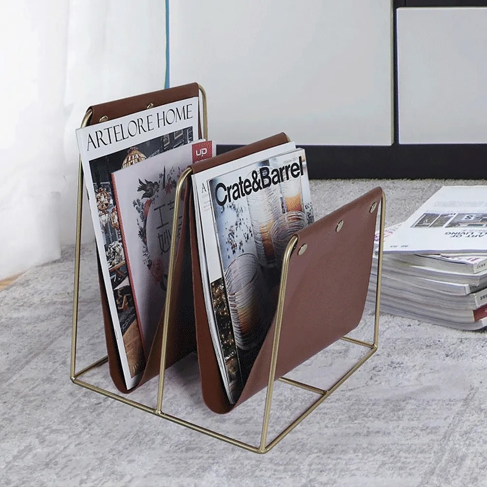 Brown 2-Tiered Decorative Magazine Rack in Leather