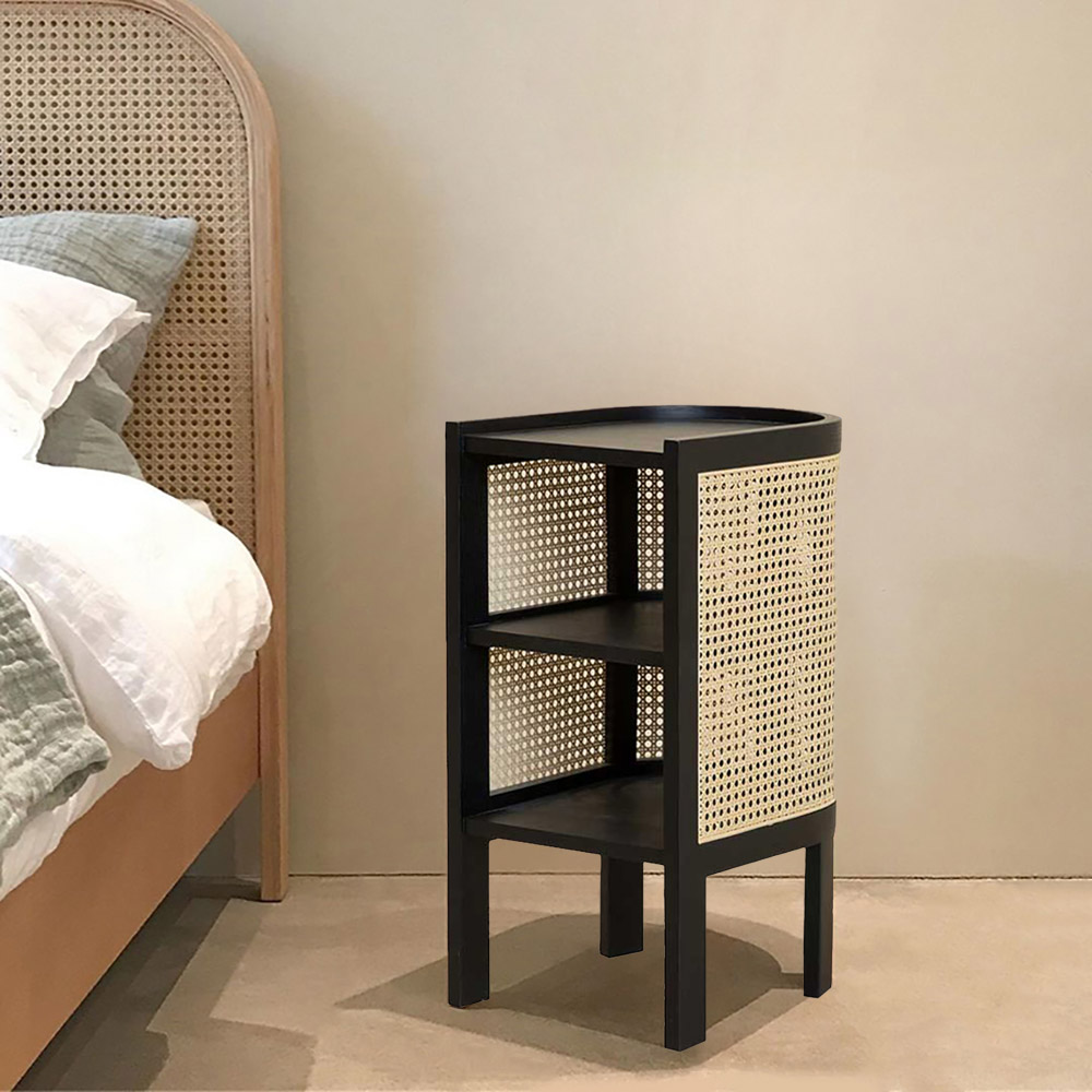 

Black Side Table with Storage Rattan End Table 3-Tiers