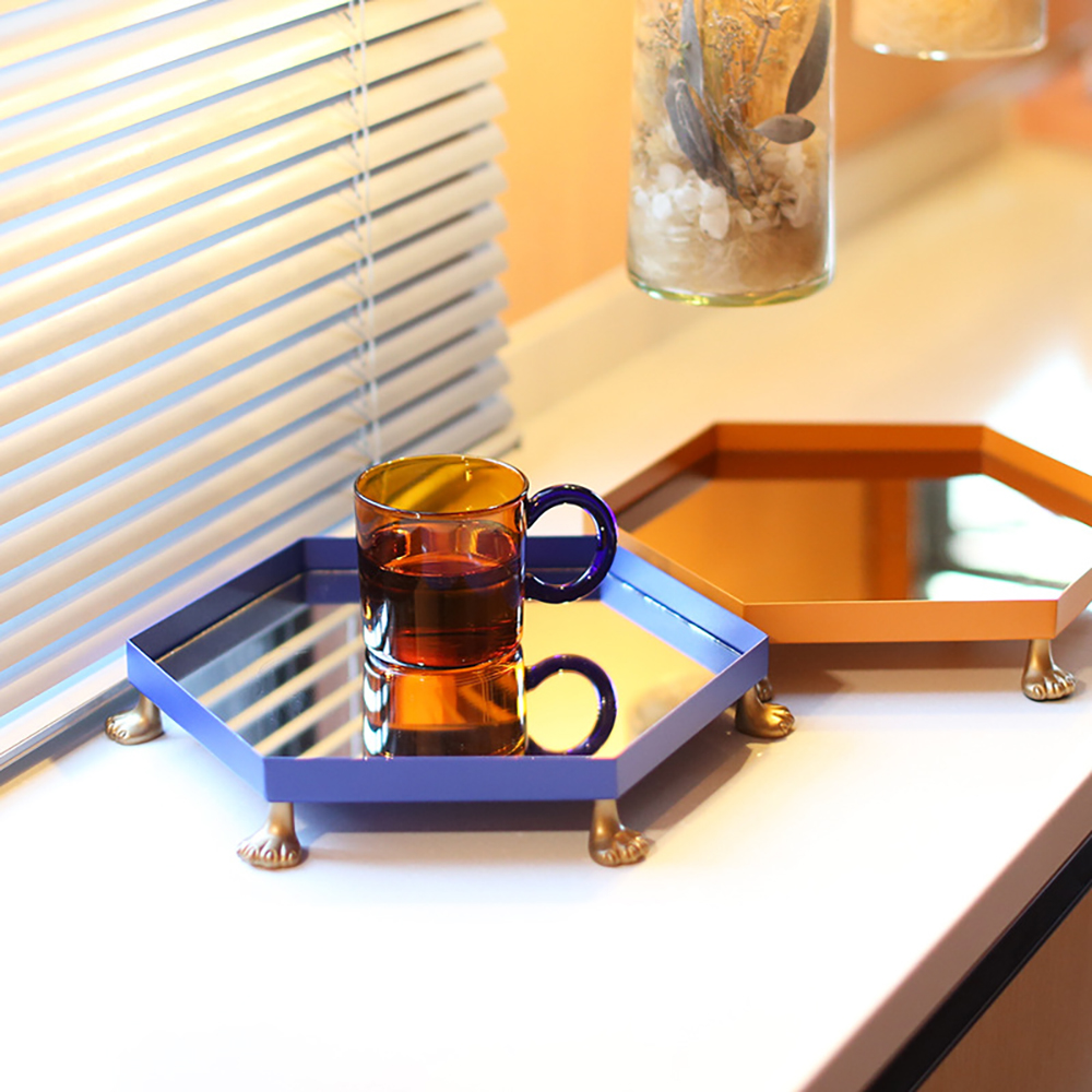 Modern Hexagonal Tray Desk Organizer With Mirror Surface & 6 Cat Paws