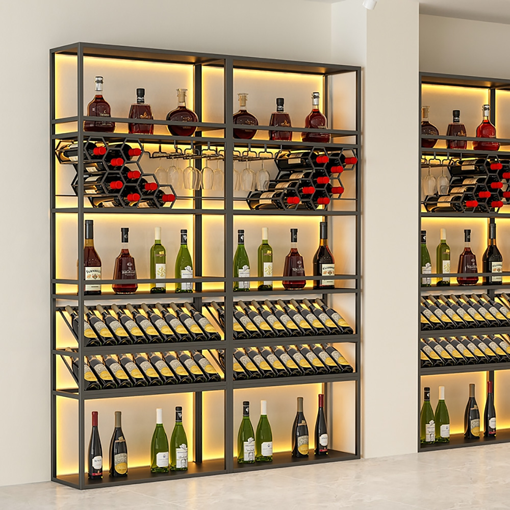 Image of Contemporary Standing Honeycomb Wine Rack with Glass Rack in Black