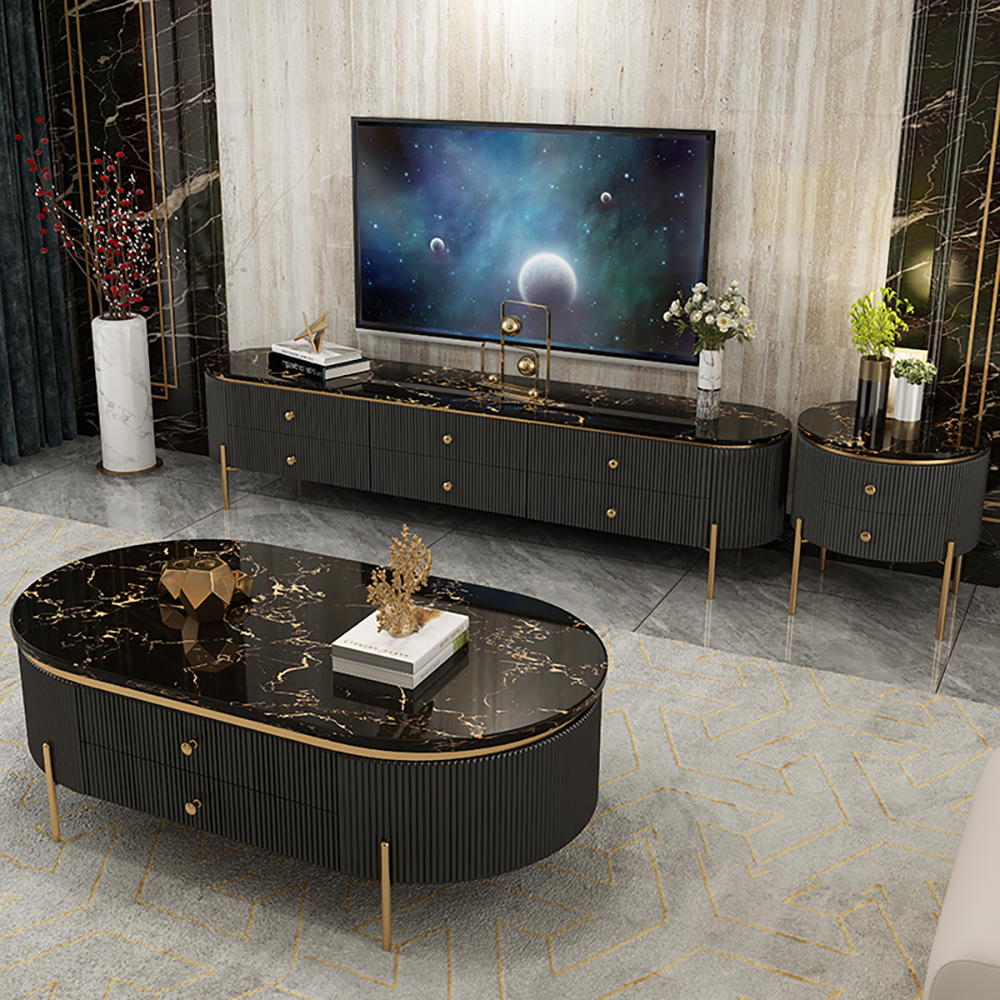 

78" Black TV Stand Oval Faux Marble Top Media Console with 6 Drawers