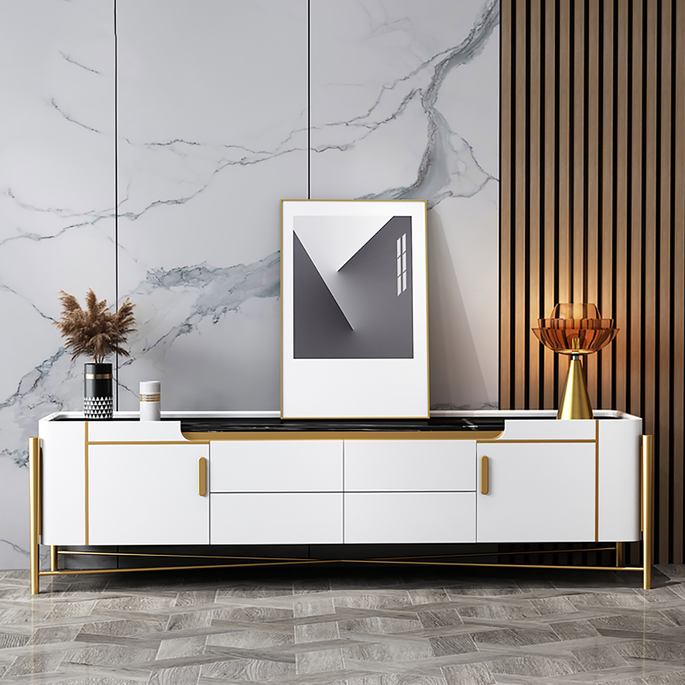 

White and Black TV Stand for TVs up to 75" in Gold with Faux Marble Top Storage 2 Doors & 4 Drawers