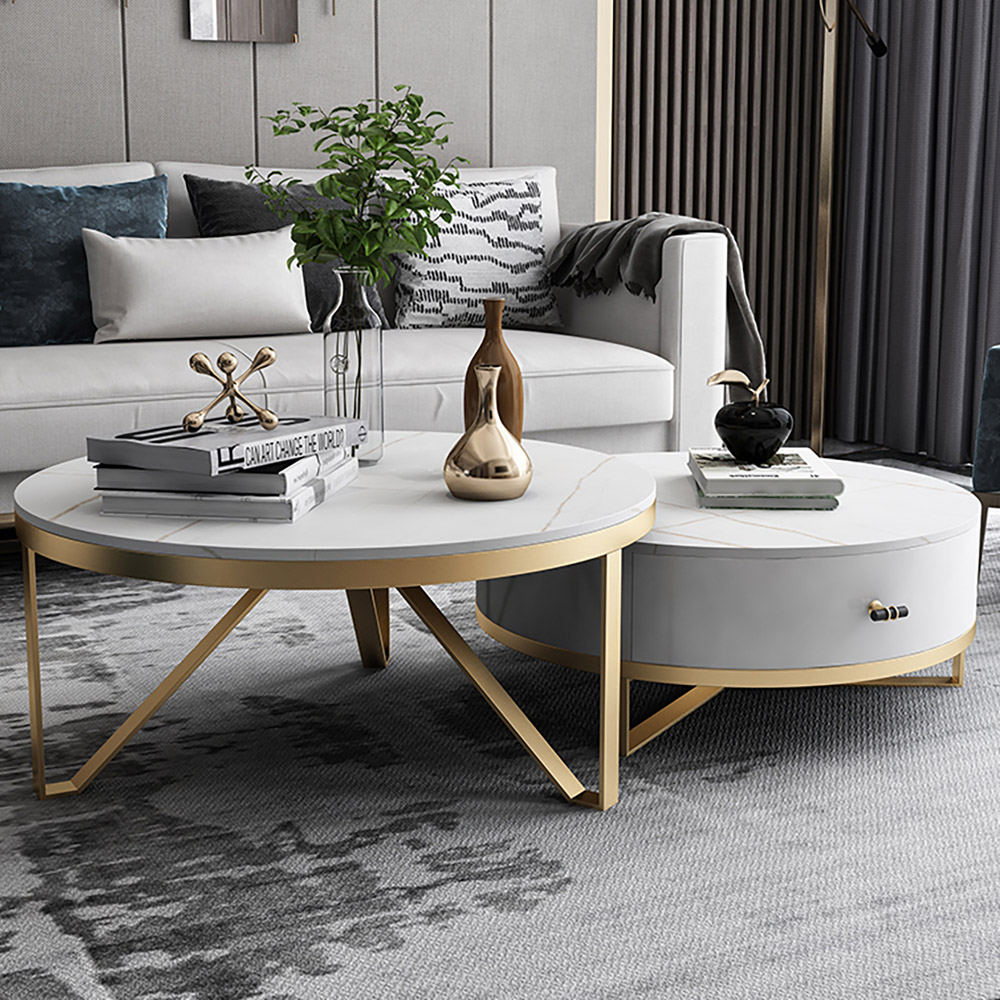 Style B 2-Piece Round Coffee Table Set With Drawer Stone Top & Metal ...