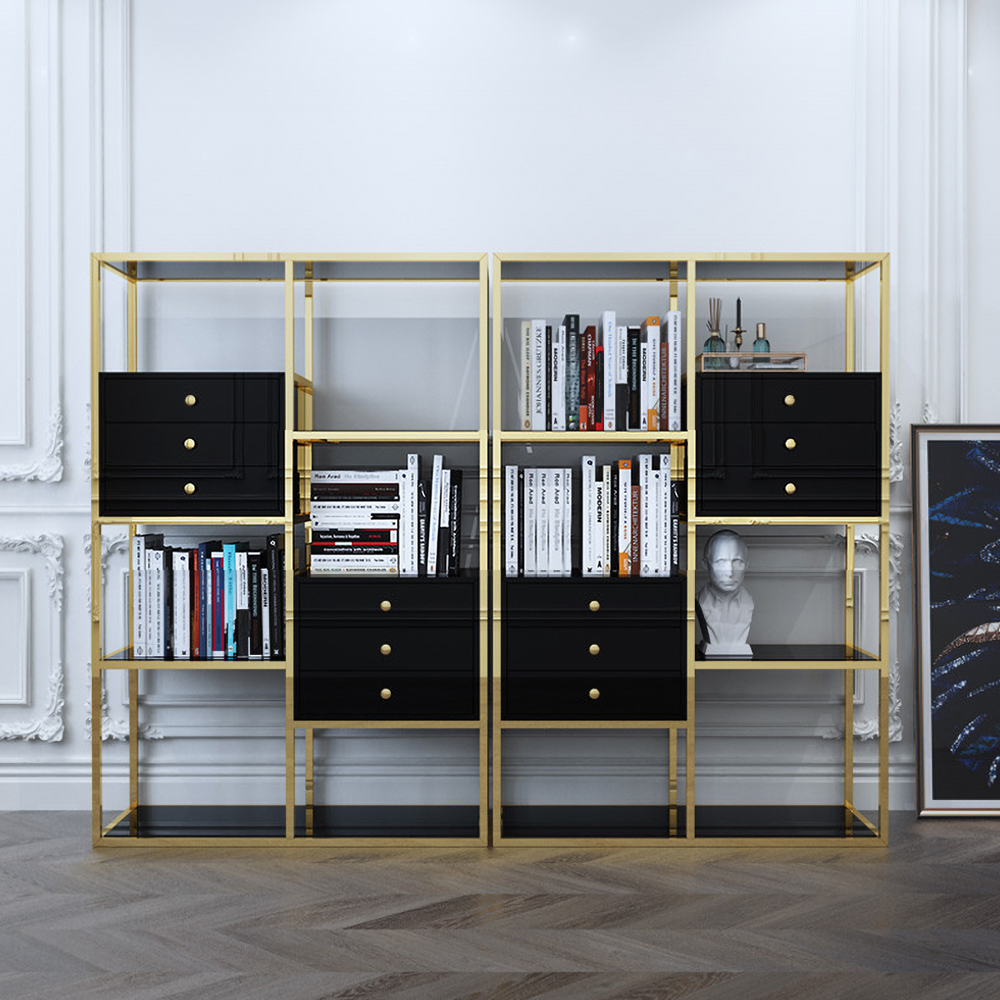 Black and Gold Geometric Bookcase 6 Shelves & 6 Drawers Bookshelf