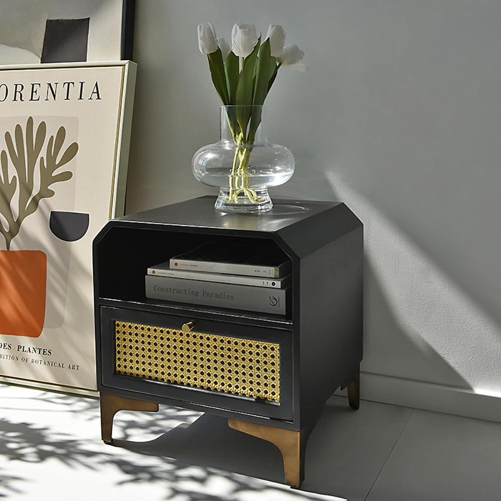 

Black Farmhouse Wood End Table with Storage Vintage Side Table in MDF & Rattan