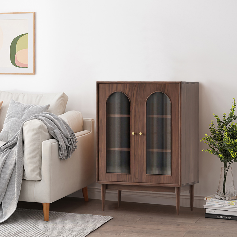 

Nordic Walnut Cabinet 2-Shelf Bookcase with 2 Glass Doors