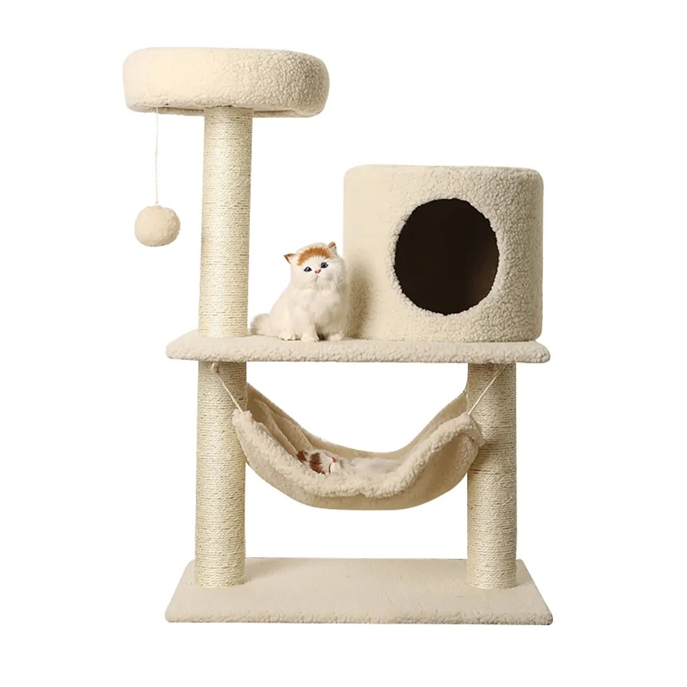 35.4" Faux Fur Cat Tree Condo Multiple Tiers Cat House & Step With Teasing Toy