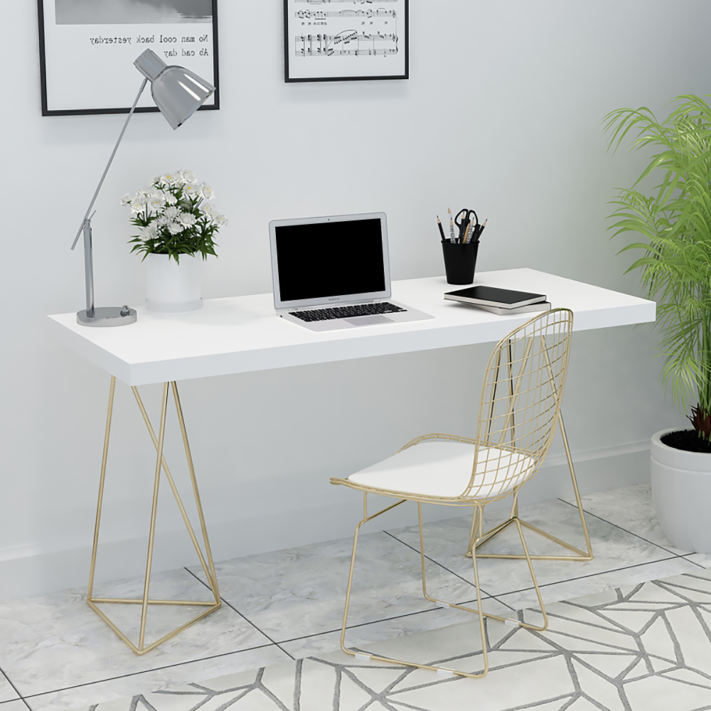 1400 weißer rechteckiger Schreibtisch mit Holzplatte für Heimbüro mit 2 goldenen Sockeln