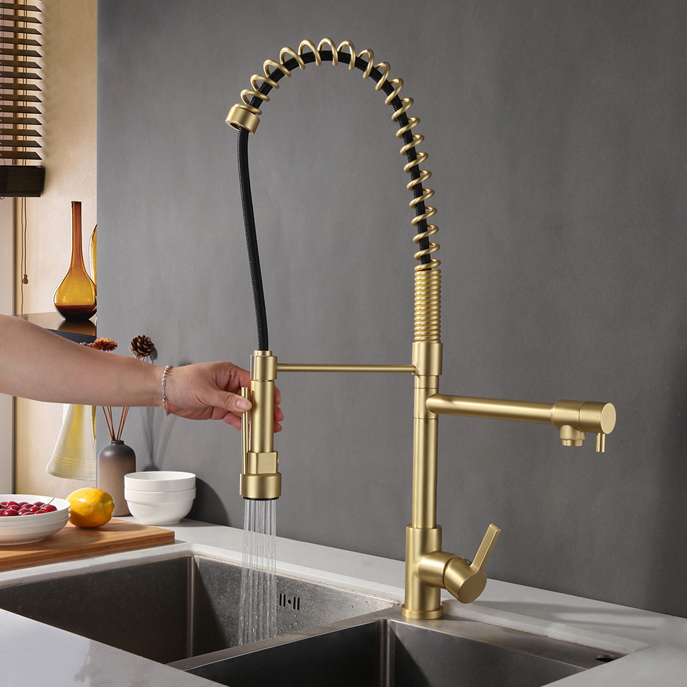 Brushed Gold Single-Handle Pull-Down Kitchen Basin Tap Monobloc Solid Brass Watermark