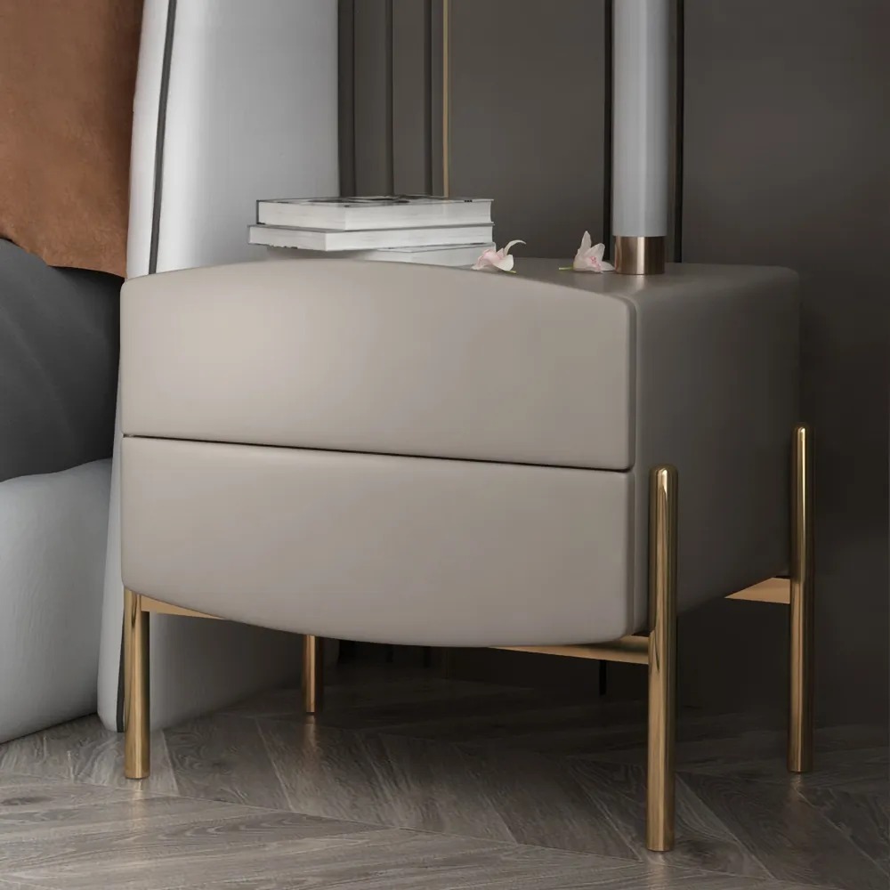 Contemporary Grey PU Leather Nightstand with Two Drawers with Gold Legs