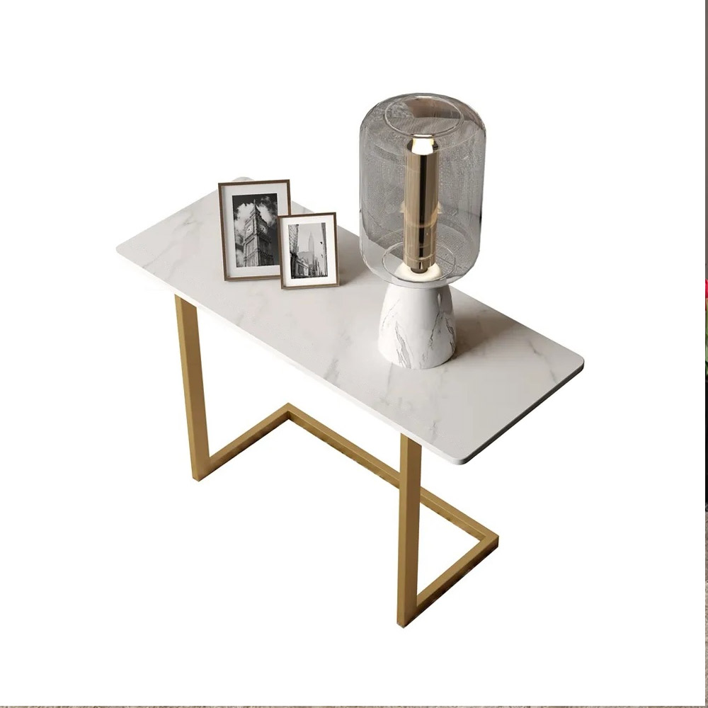 White End Table with Stone Tabletop Modern Rectangular Side Table