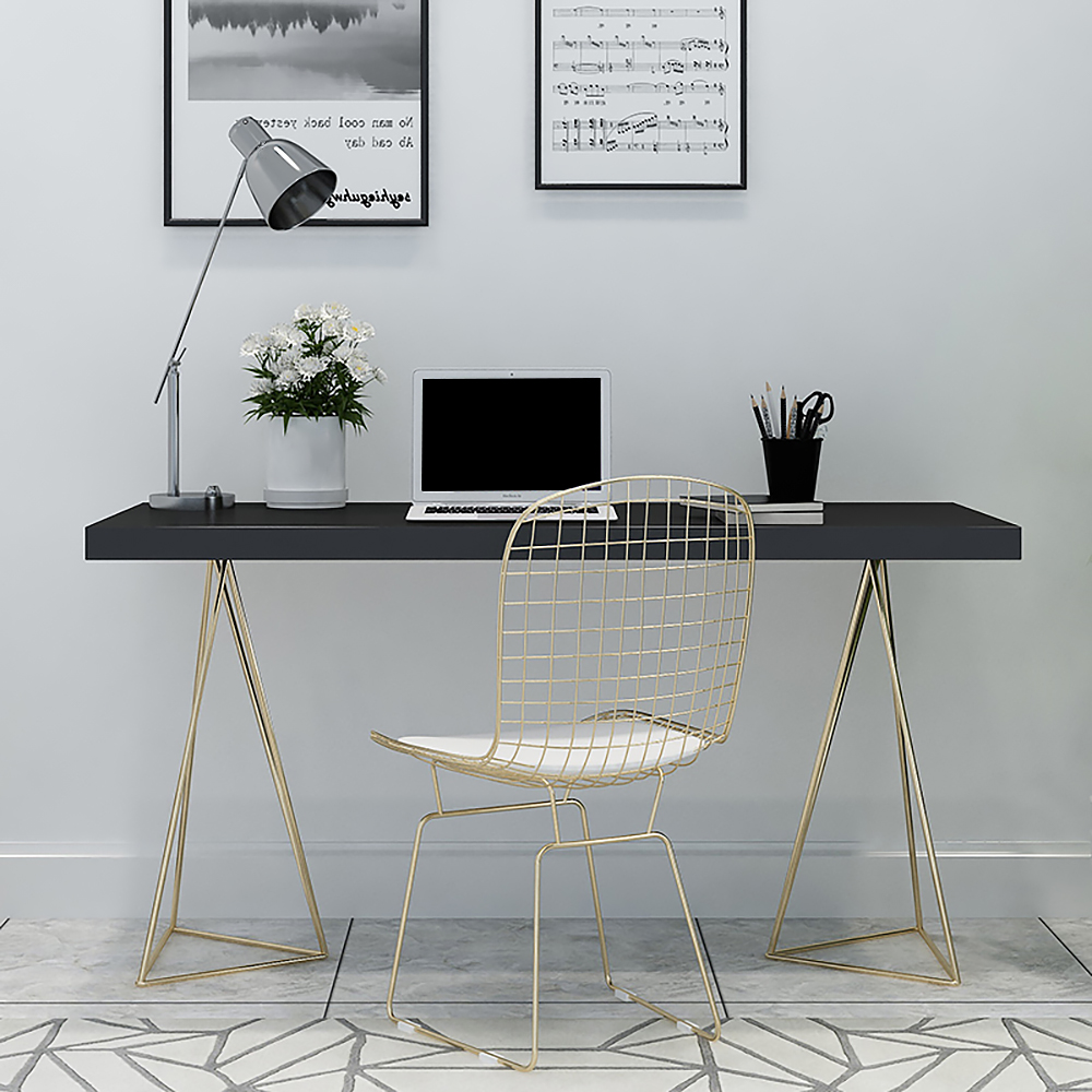 Image of 39" Black Rectangular Wood-Top Writing Desk for Home Office with 2 Gold Pedestal