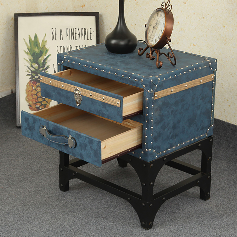 Blue PU Leather 2-Drawer Nightstand Upholstered Side Table with Storage for living Room