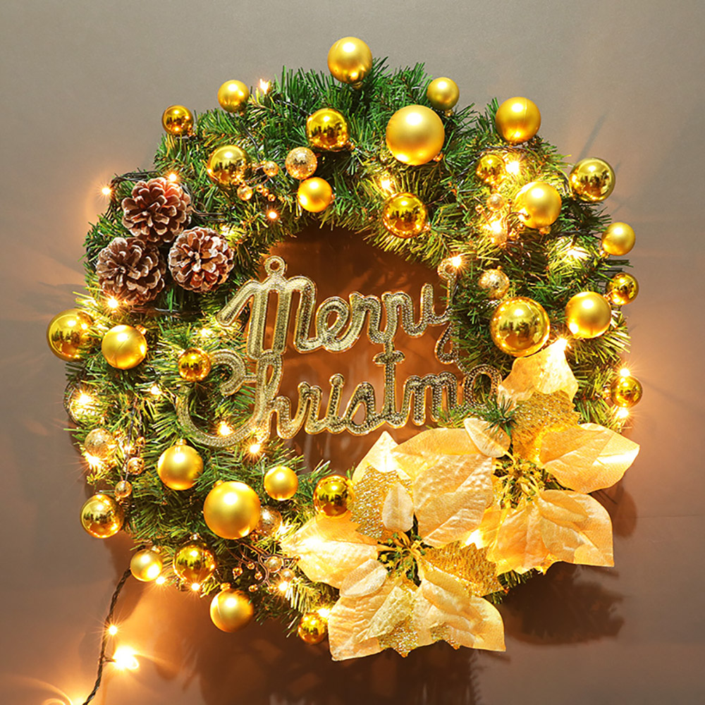 19.7" Gold Led Christmas Wreath With Ball Ornaments And Pinecones A