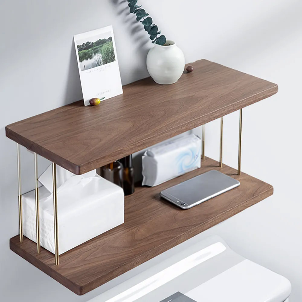 

Retro 2 Tiered Wall-Mounted Shelving in Black Walnut & Brass