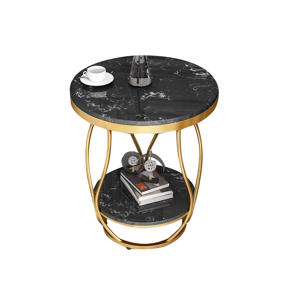 Black Round Side Table with Storage Marble Top Metal Frame
