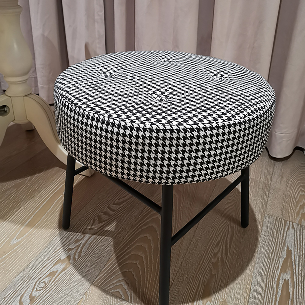 

Houndstooth Round Tufting Stool Upholstered Linen Footrest Makeup Stool Ottoman