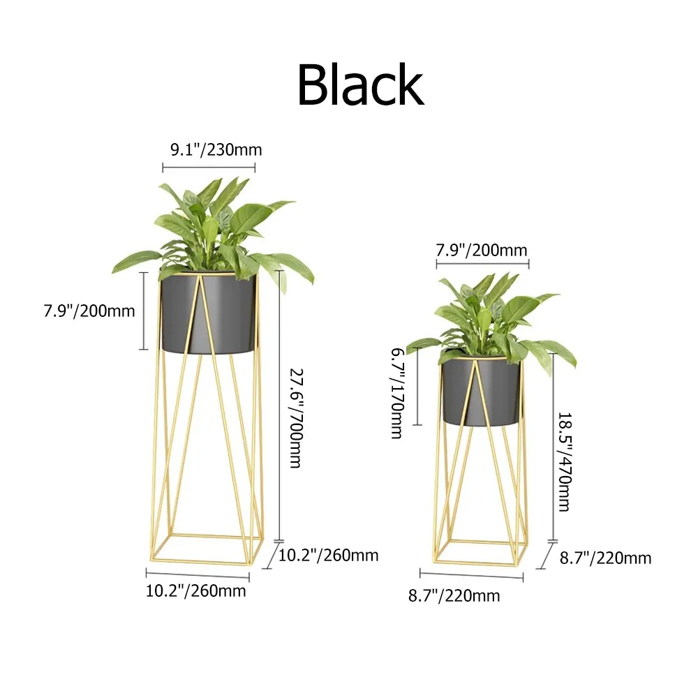 Black Plant Pots Modern Planter with Gold Stand for Indoor Set of 2