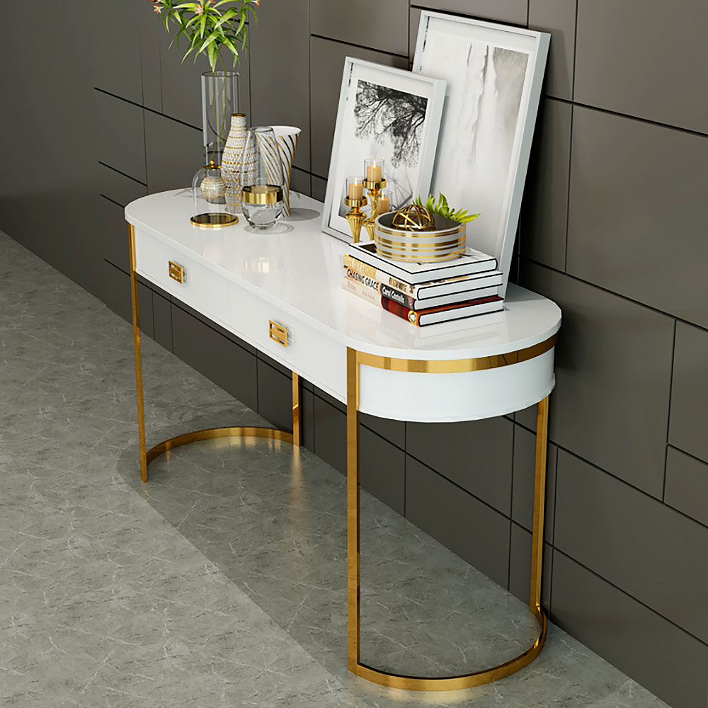 White Modern Console Table with Drawers and Double Stainless Steel Sled