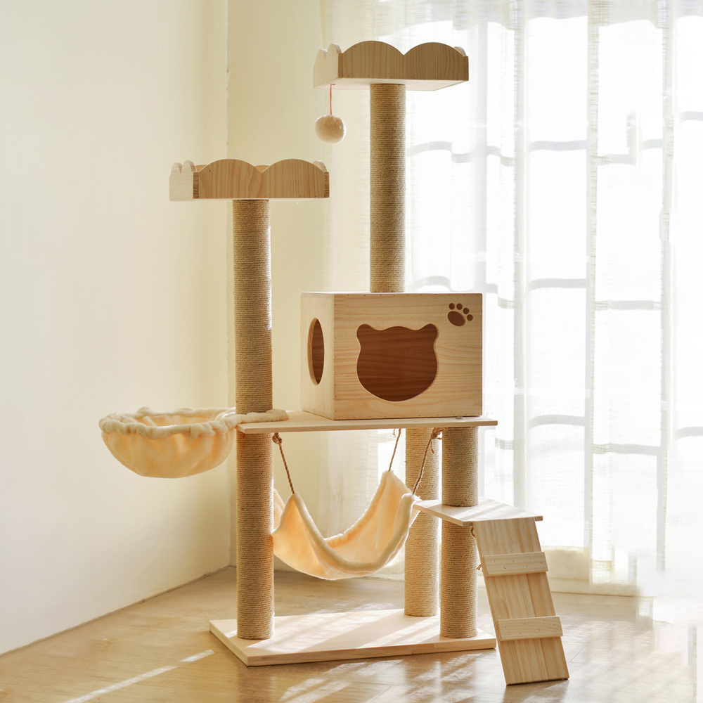 59" Solid Wood Cat Tree Condo Multiple Tiers Cat House & Step with Teasing Toy