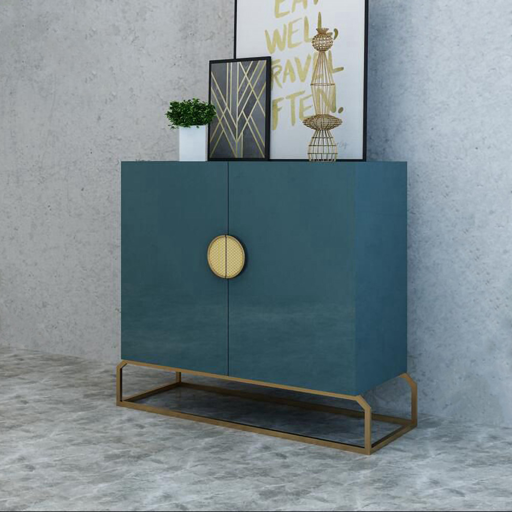 2-Door Peacock Blue Console Table Storage Cabinet Hallway Gold Accent