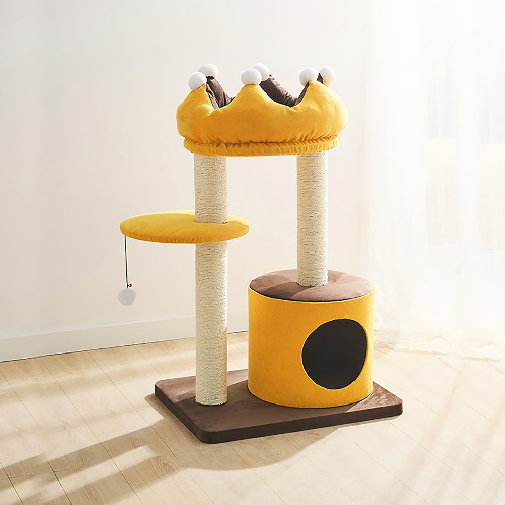 35.4" Crown Cat Tree With Cat Bed And Perch In Yellow Scratch Post & Teasing Toy