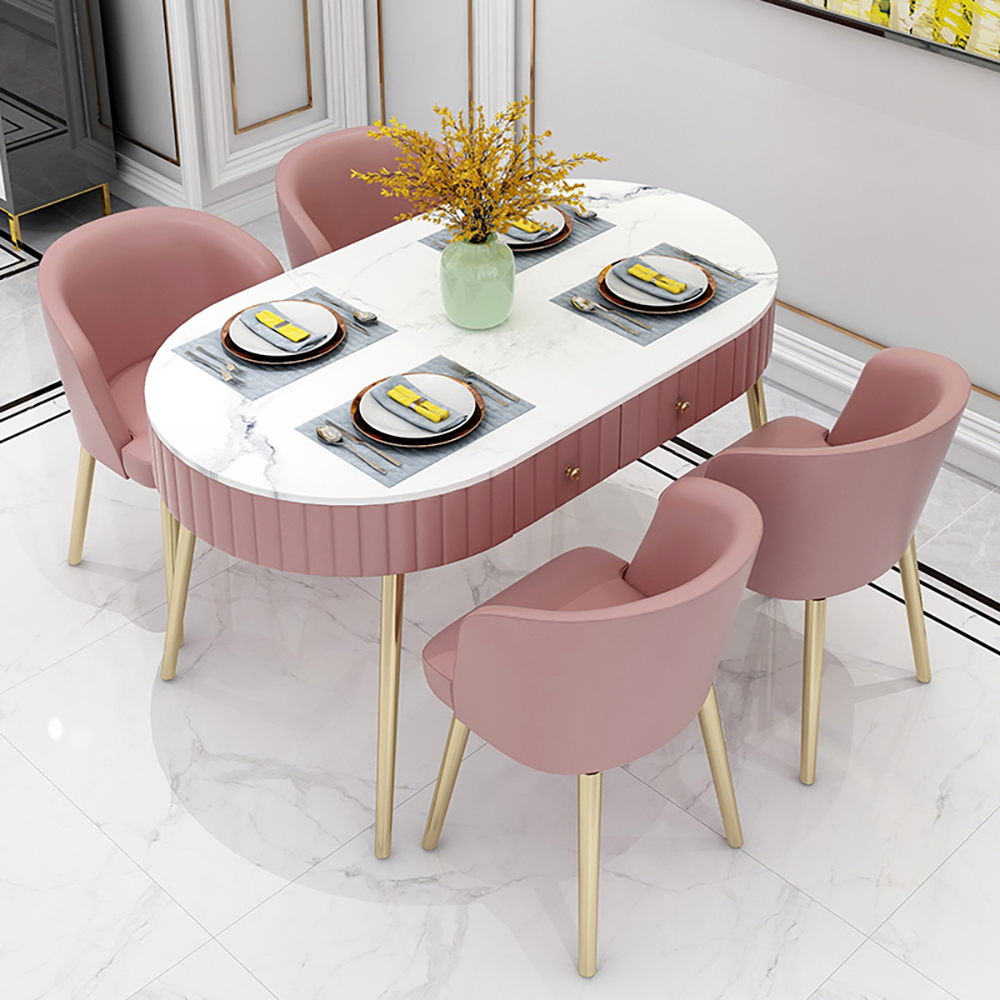 

Pink Oval Dining Table with Drawer Marble Top & Metal Legs