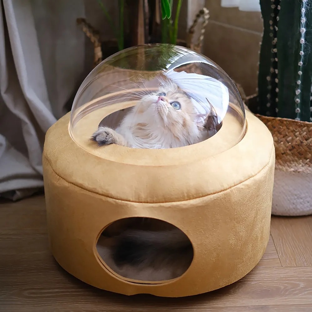 18.9" Round Space Capsule Cat Bed Clear Acrylic & Faux Suede Blanket In Yellow
