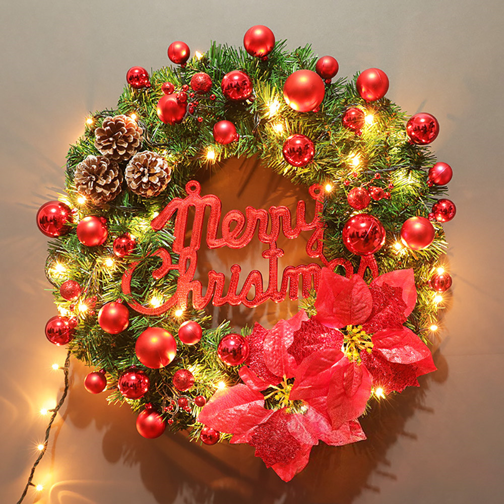 19.7" Red Led Christmas Wreath With Ball Ornaments And Pinecones B