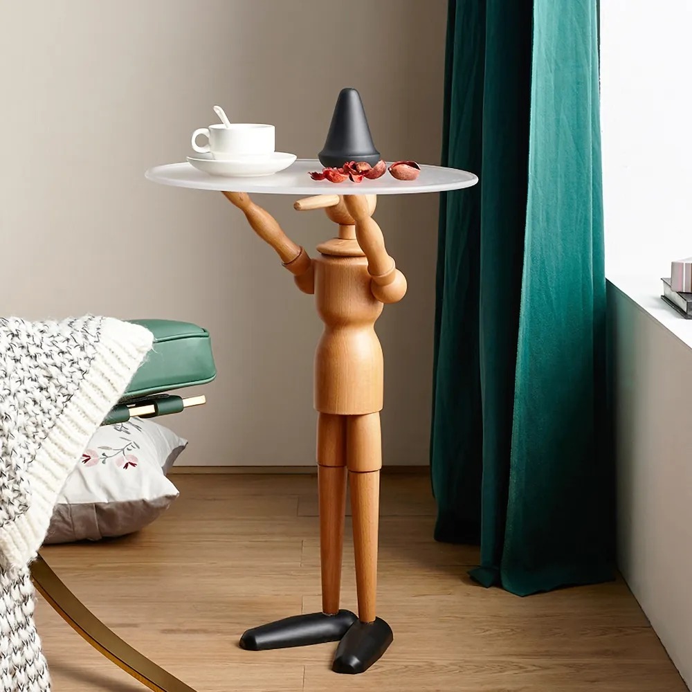

Natural Standing Puppet End Table Oval Top Side Table Beech Wood