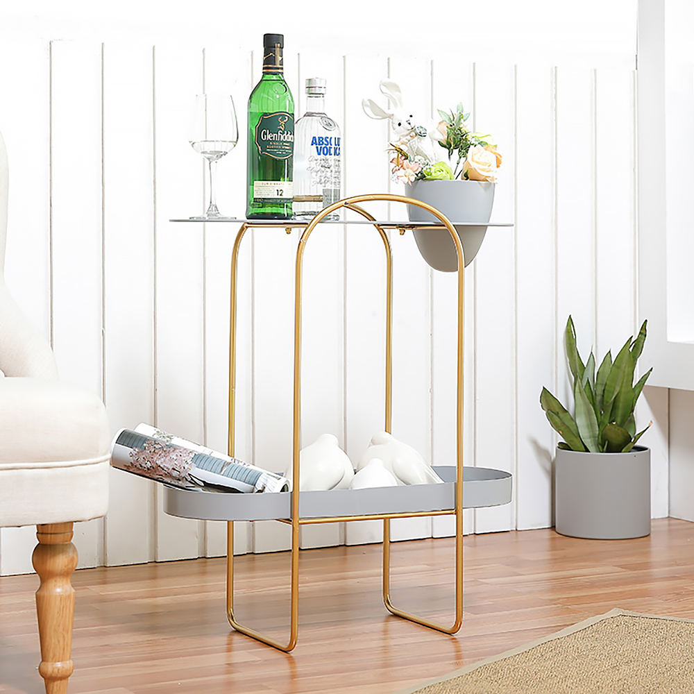 

Gray Nordic Style Oval End Table With Planter 2-Tier Metal Storage Rack Flower Stand