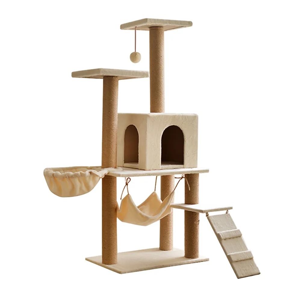 55.1" Faux Fur Cat Tree Condo Multiple Tiers Cat House & Step With Teasing Toy