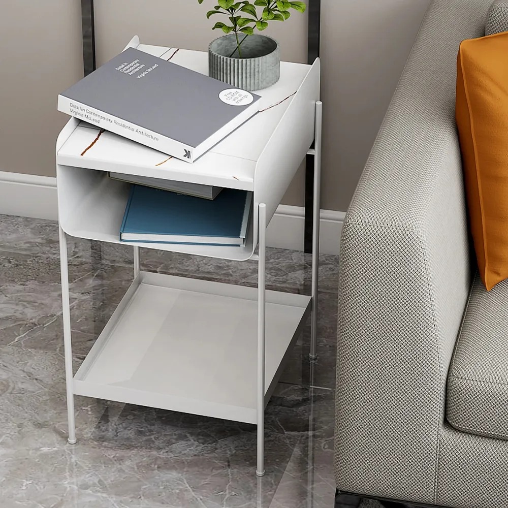

Rectangular End Table with Storage Metal Side Table White with Stone Tabletop