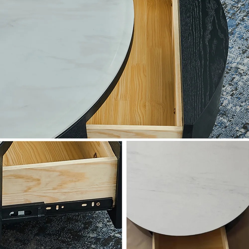 White Round Coffee Table with Storage Modern Accent Table Marble Top Style B
