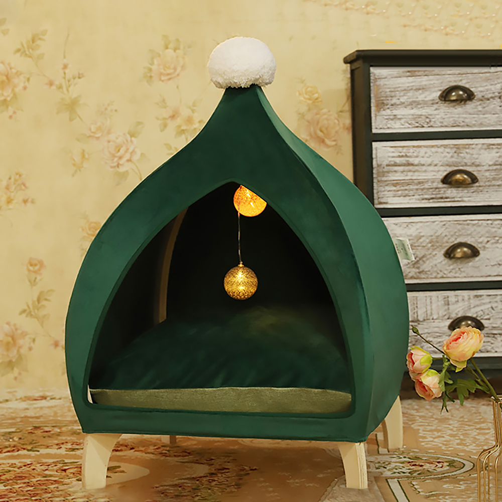 20.5" Velvet Covered Pet House Large Cat Tent Bed With Cushioned Pad