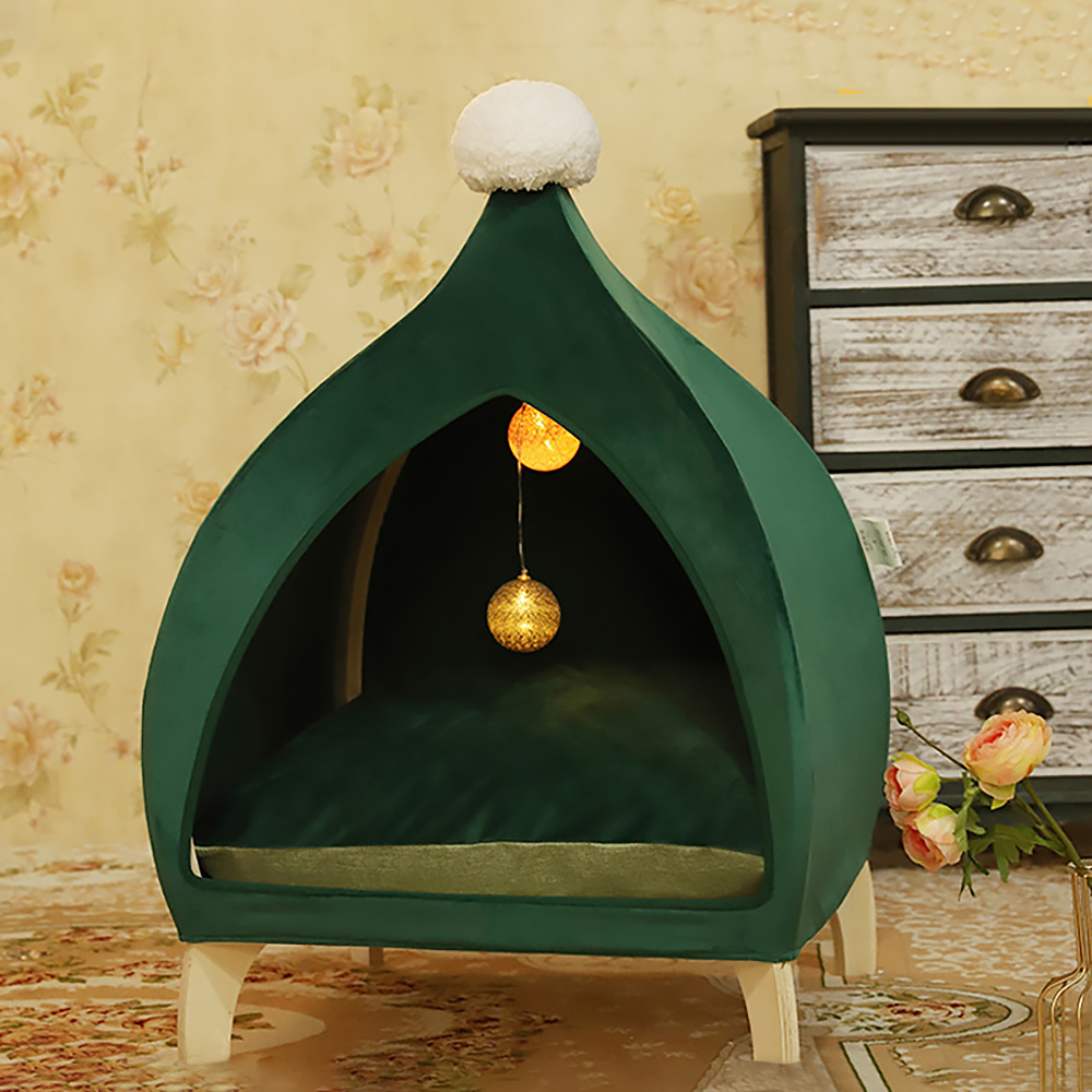 

13.8" Velvet Covered Pet House Small Cat Tent Bed with Cushioned Pad