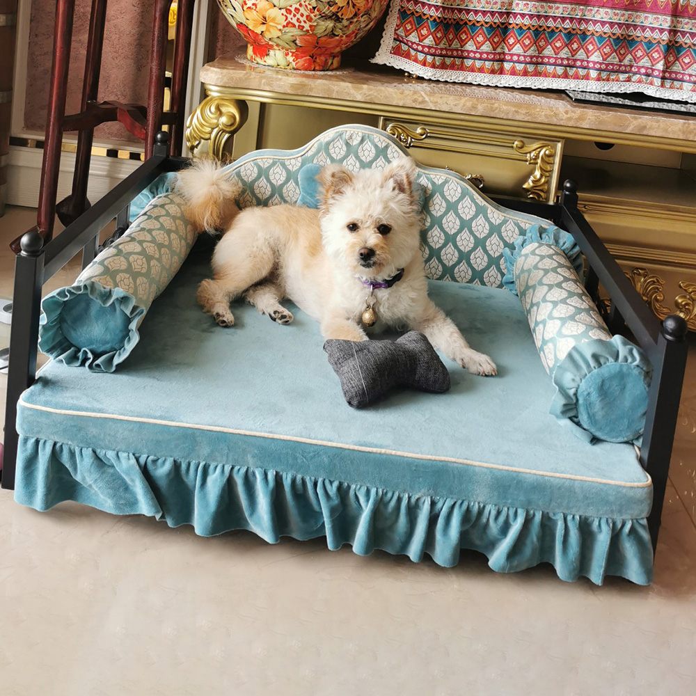 27.5" Dog Bed Sofa Metal Frame Pet Bed With Velvet Upholstered Pad & Armrest In Blue
