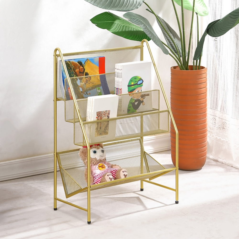 700mm Gold 4-Tier Metal Rectangle Bookcase