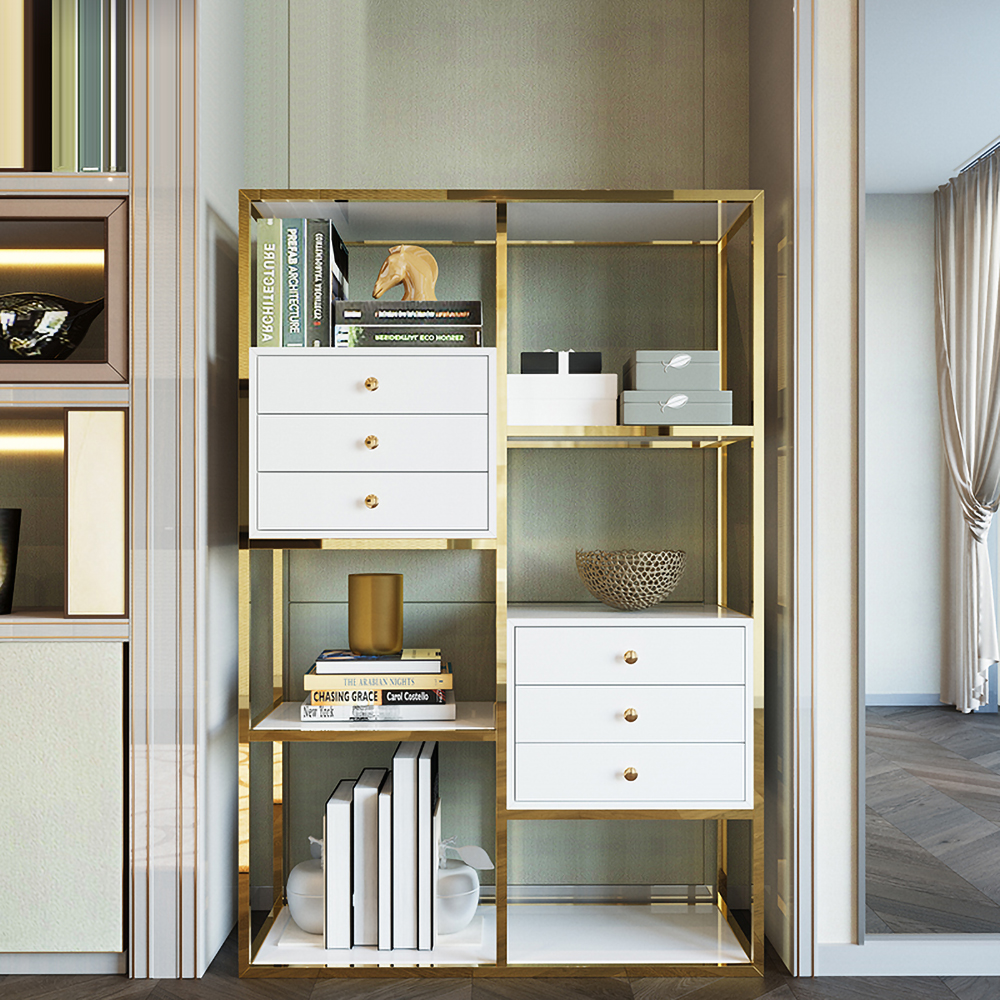 

White and Gold Geometric Bookcase 6 Shelves & 6 Drawers Bookshelf, White & gold
