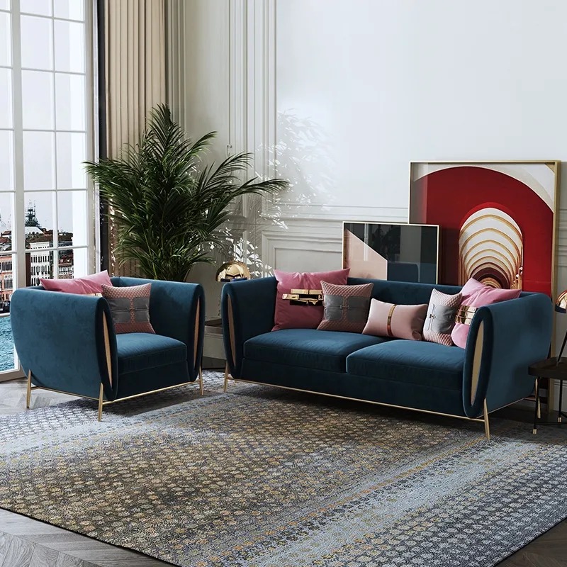 Blue Velvet Upholstered Sofa 3-Seater Sofa Luxury Sofa Solid Wood Frame with Gold Legs