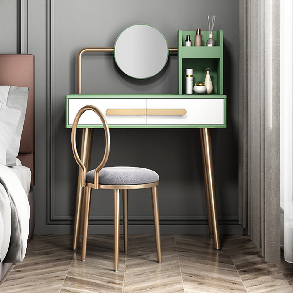 

Nordic Green Makeup Vanity with 2 Drawers Mirror & Stool Included in Gold