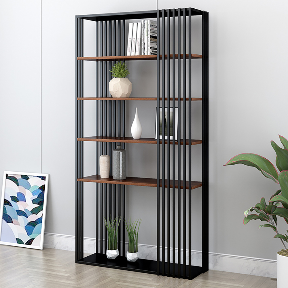 

Modern Metal Etagere Bookshelf Freestanding with 5 Shelving Black & Walnut