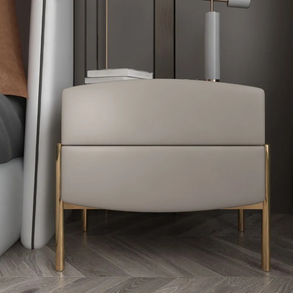 Contemporary Grey PU Leather Nightstand with Two Drawers with Gold Legs