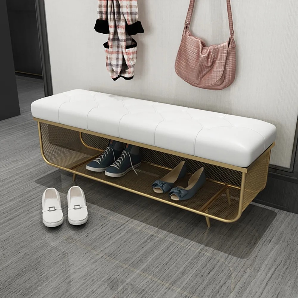 

Modern Tufted Upholstered Entryway Bench White PU Leather Bench with Shelf Gold